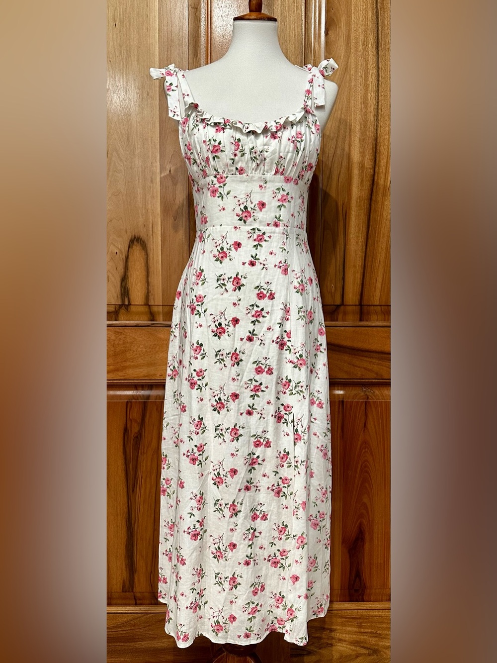 WAYF Pink Rose Print Linen Blend Sleeveless Maxi Dress, EUC, S